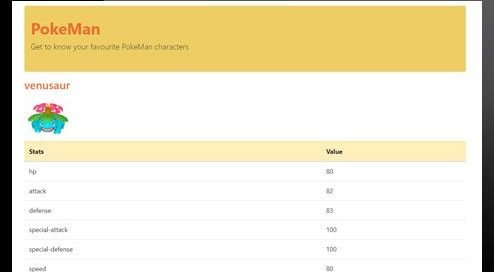PokeMan React application showing character statistics from an API